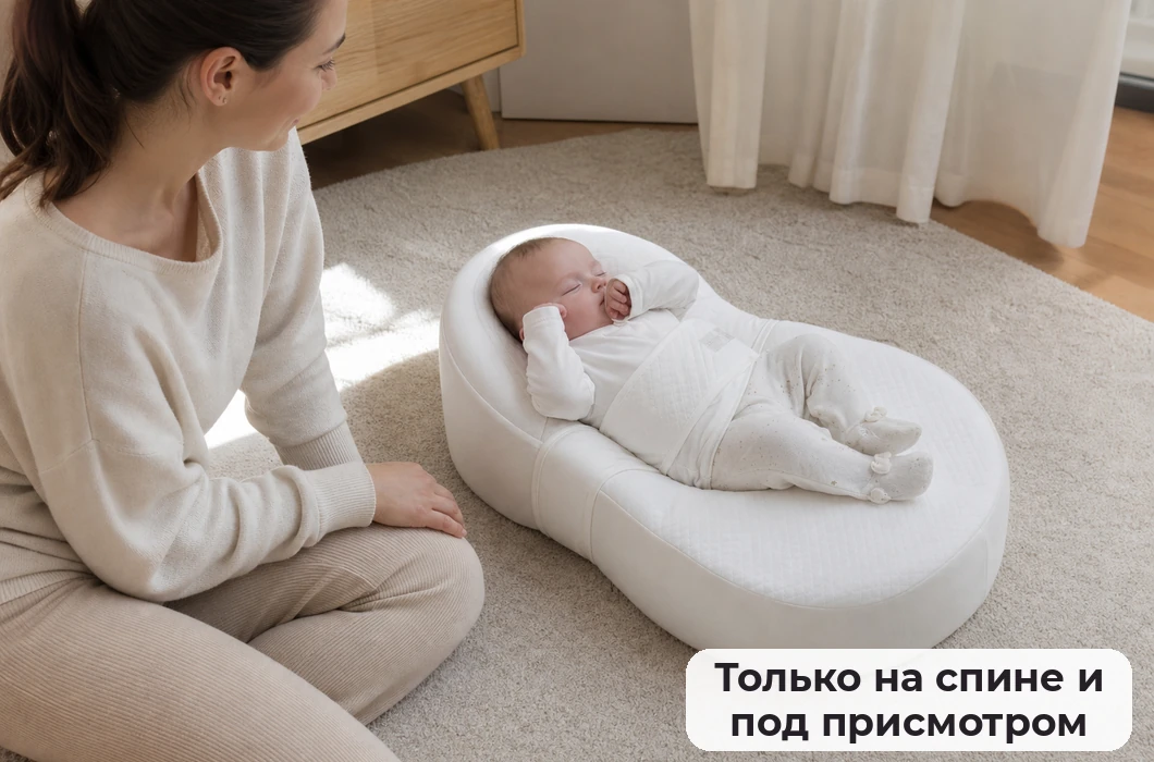 Новорождённый лежит на спине в коконе Cocoonababy на полу, рядом взрослый.