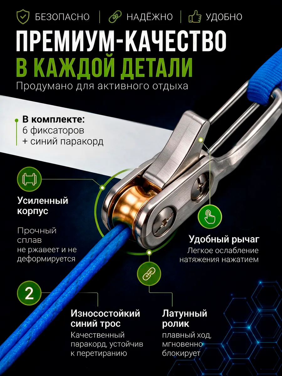 Натяжитель крупным планом: корпус, ролик, рычаг и паракорд