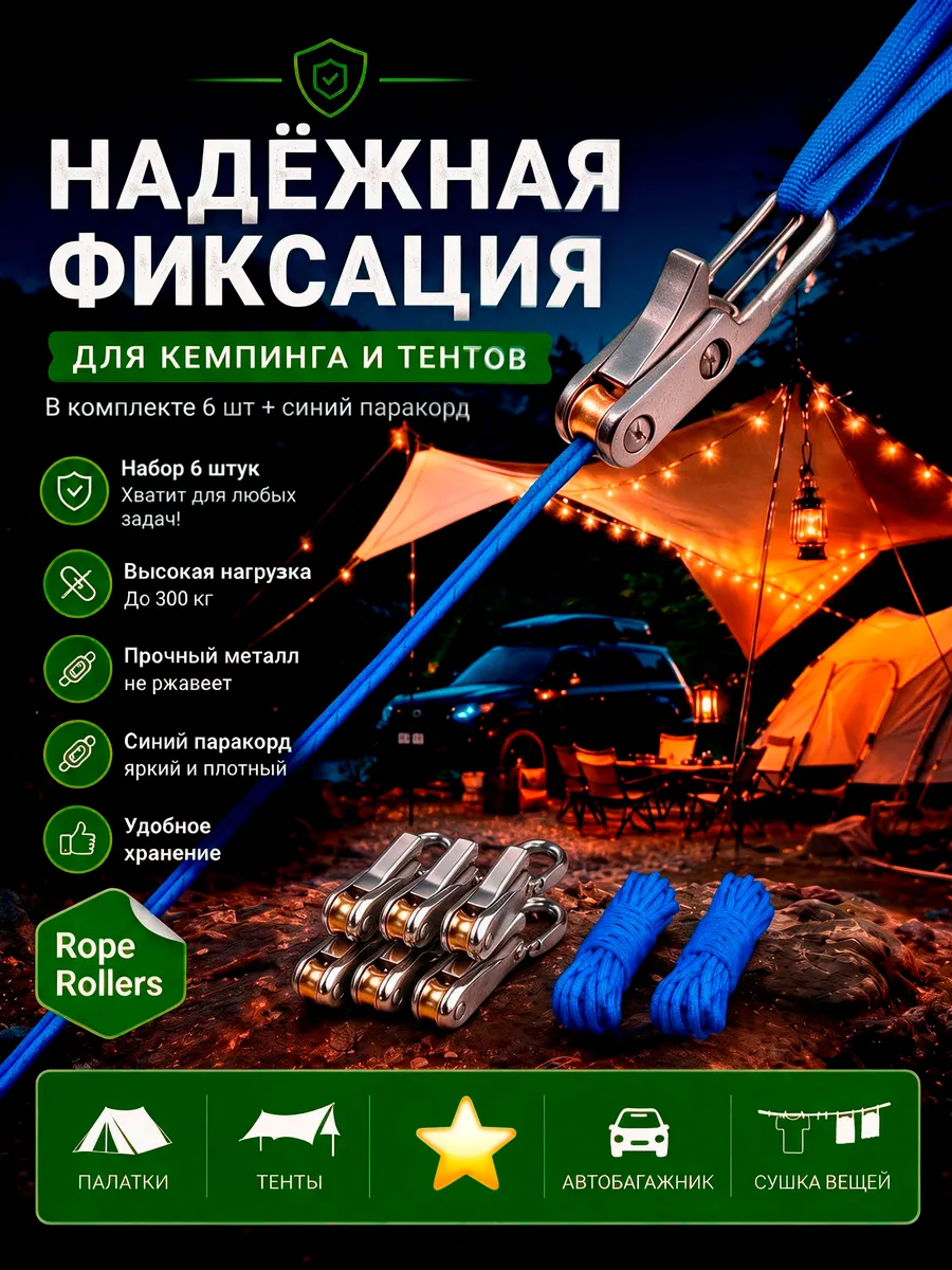 Набор натяжителей с синим паракордом для кемпинга и тентов