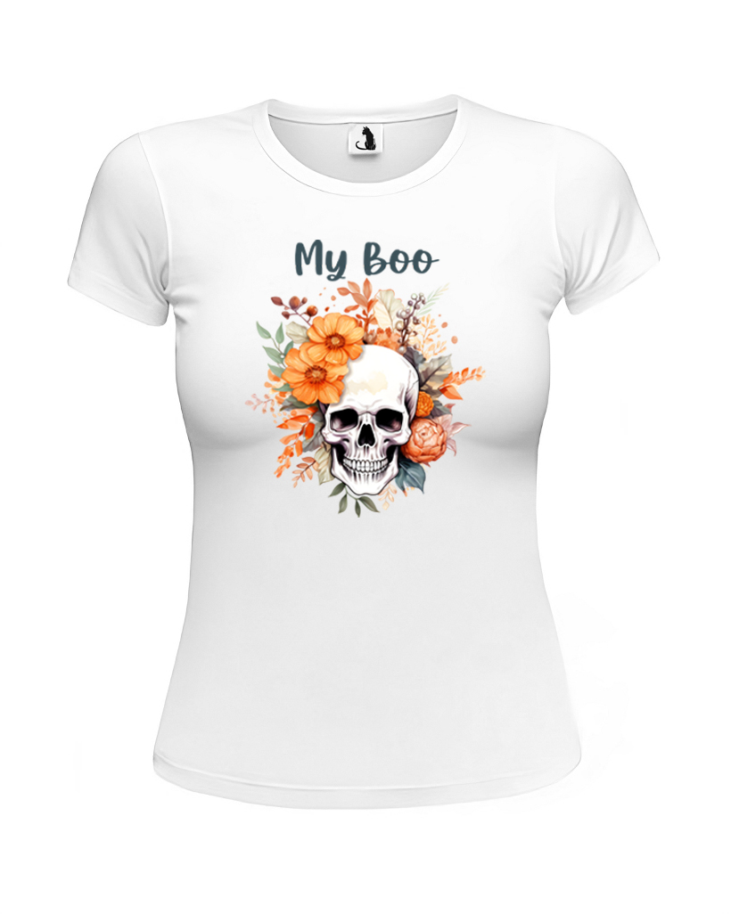 Образец женской футболки на Хэллоуин My Boo приталенного кроя Футболка женская на Хэллоуин My Boo приталенная