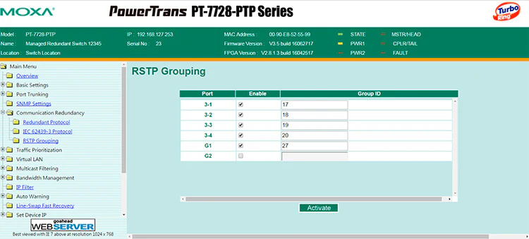 Настройка Communication Redundancy – RSTP Grouping