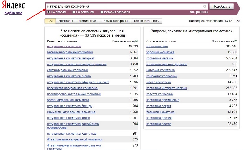 Статистика запросов по фразе &laquo;натуральная косметика&raquo;