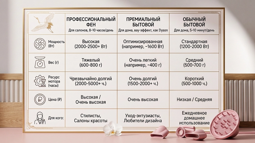 сравнение профессионального, премиального и обычного бытового фена