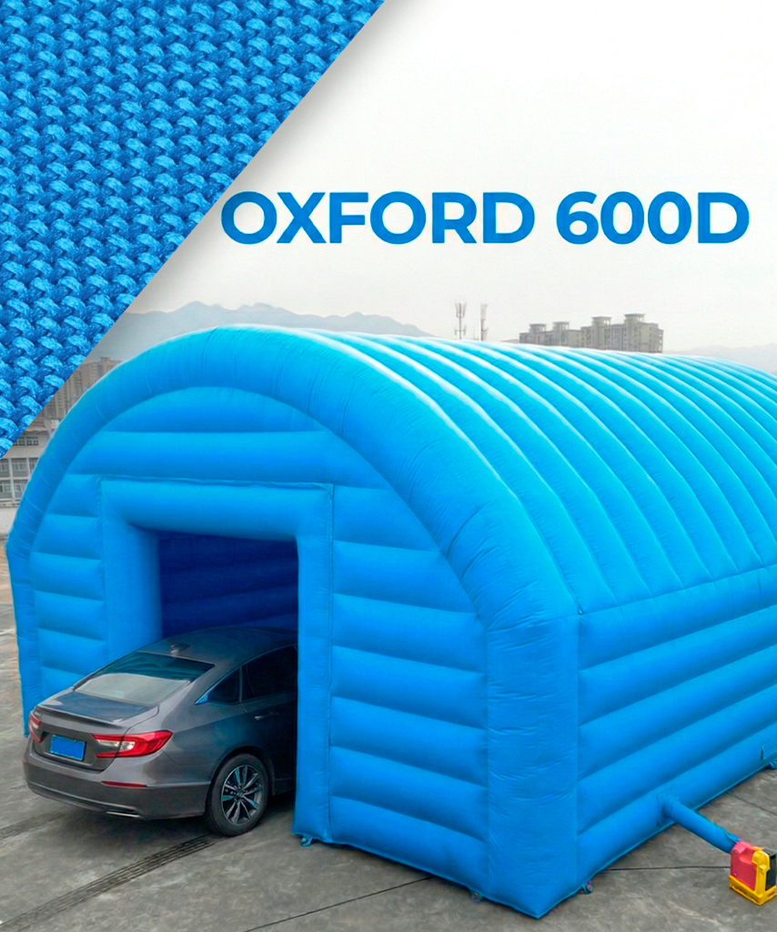 Материал Oxford 600D &mdash; фактура ткани и надувной ангар синего цвета