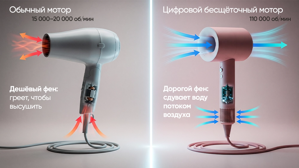 сравнение обычного и цифрового мотора фена