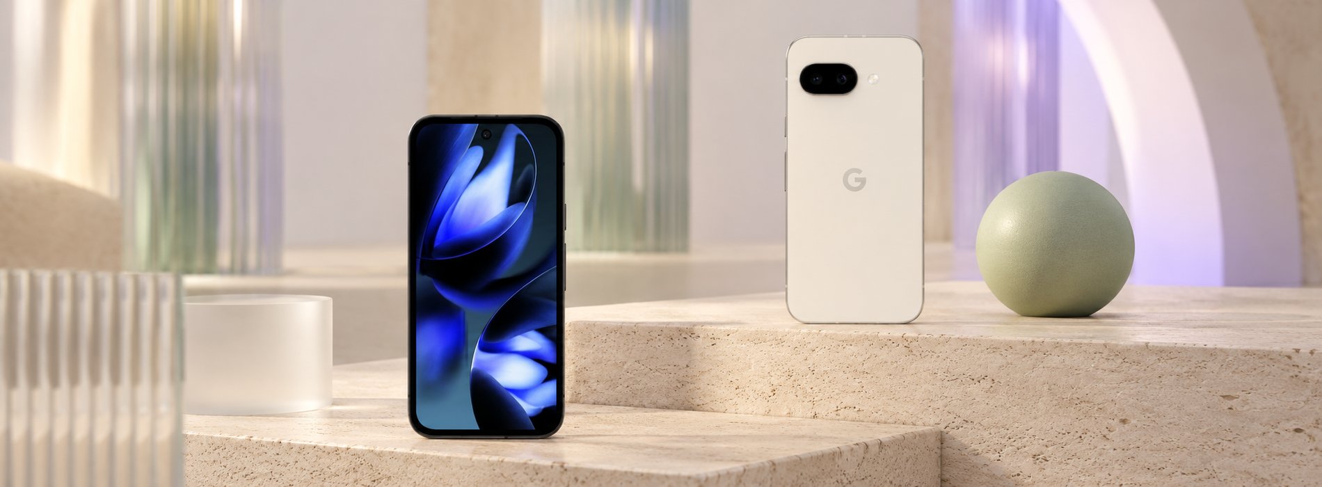 Pixel 9a Obsidian экраном вперед и Porcelain задней панелью