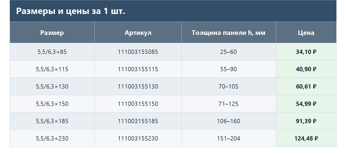 Размеры и цены за 1 шт.