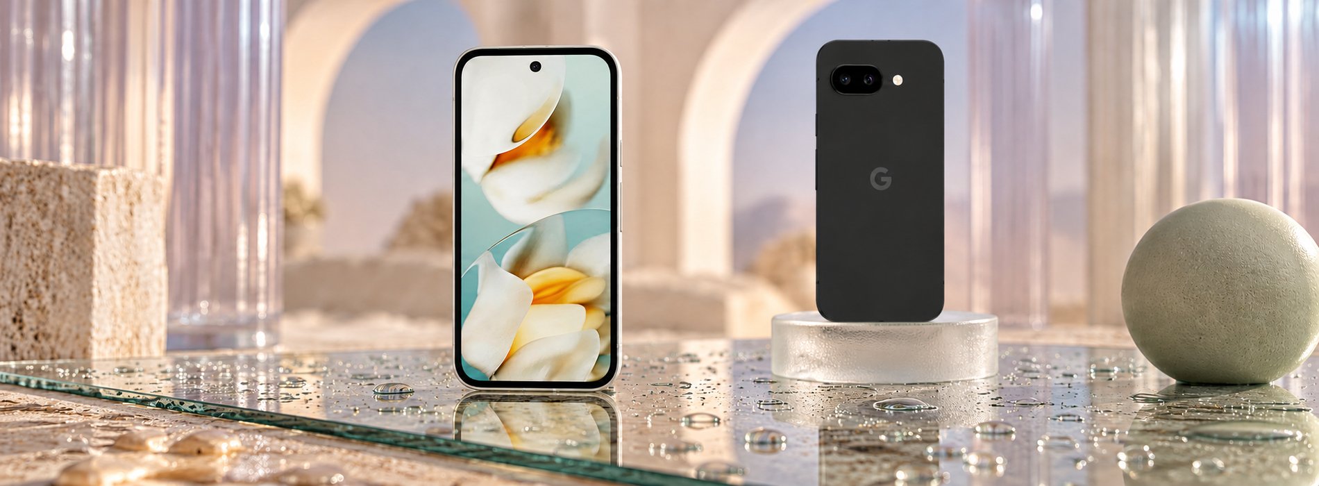 Pixel 9a Porcelain и Obsidian на мокром стекле с каплями