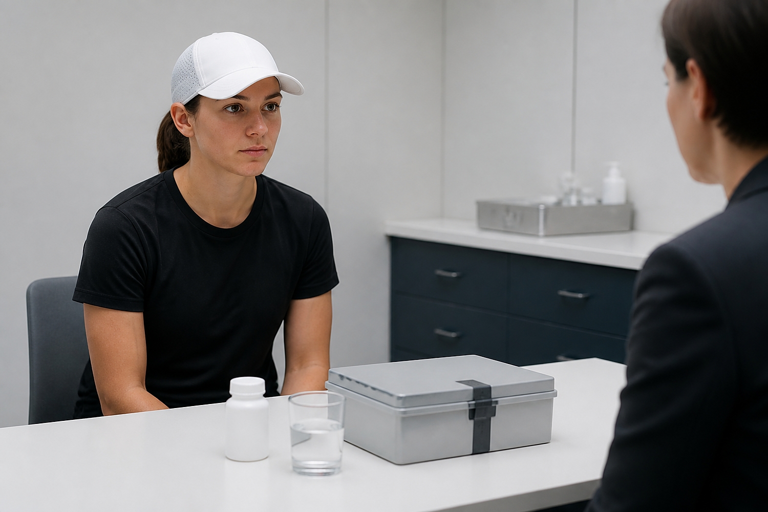 Ига Швёнтек в белой кепке и черной футболке сидит за столом напротив врача в кабинете