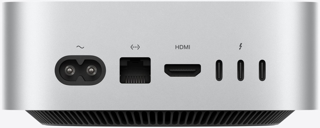 Задняя панель Mac mini 2026: питание, Ethernet, HDMI и три Thunderbolt 4 Задняя панель Mac mini 2026: питание, Ethernet, HDMI и три Thunderbolt 4