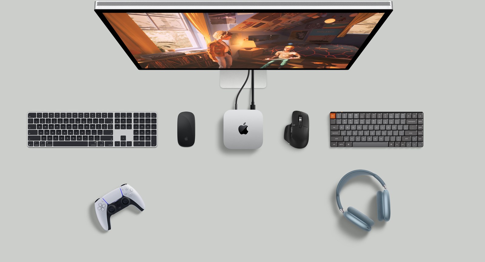 Mac mini 2026 с монитором, клавиатурами, мышью, геймпадом и наушниками Mac mini 2026 с монитором, клавиатурами, мышью, геймпадом и наушниками