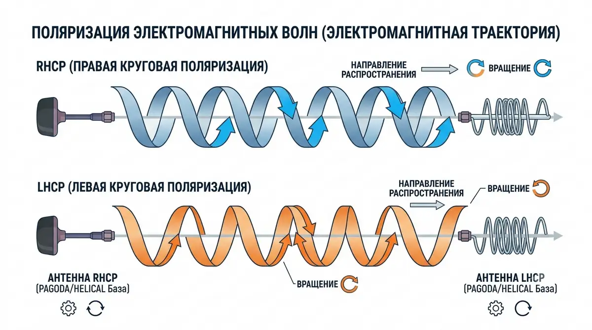 Схема кругового вращения RHCP и LHCP поляризации антенны