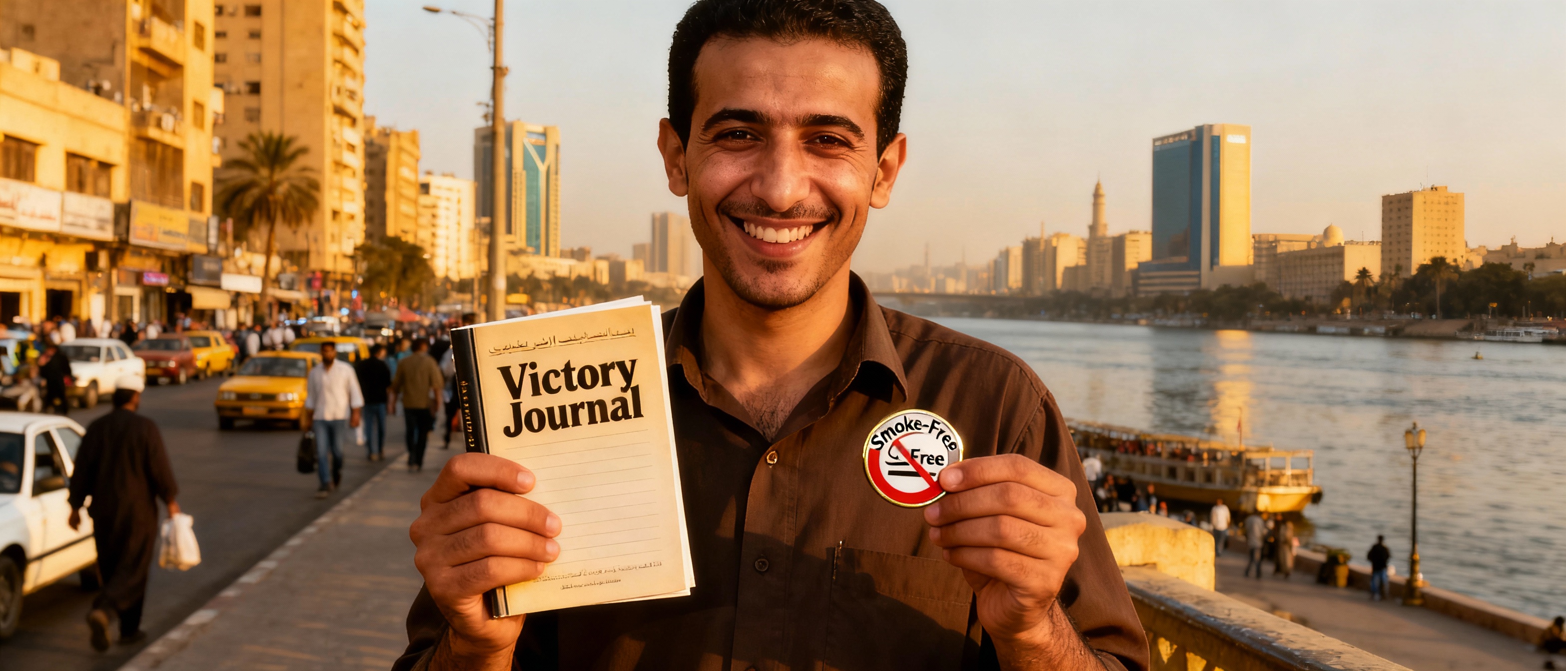 <img src="cairo-victory-quit.jpg" alt="Cairo man Smoke-Free badge Victory Journal Nile skyline">