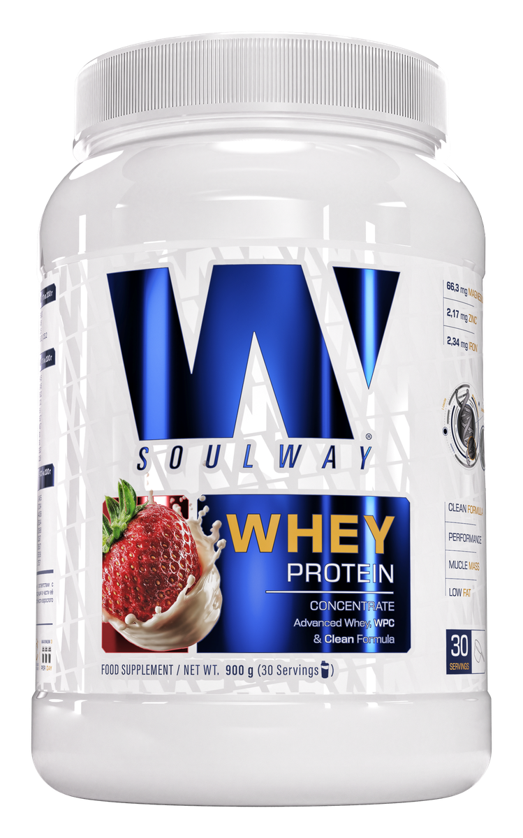 Банка сывороточного протеина Soul Way Whey Protein со вкусом клубники, 900 г, 30 порций