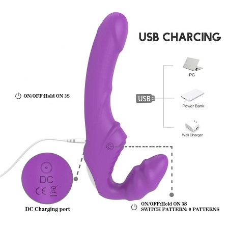 Безремневойанатомический G-spot Strapon HWOK, USB зарядка без пульта