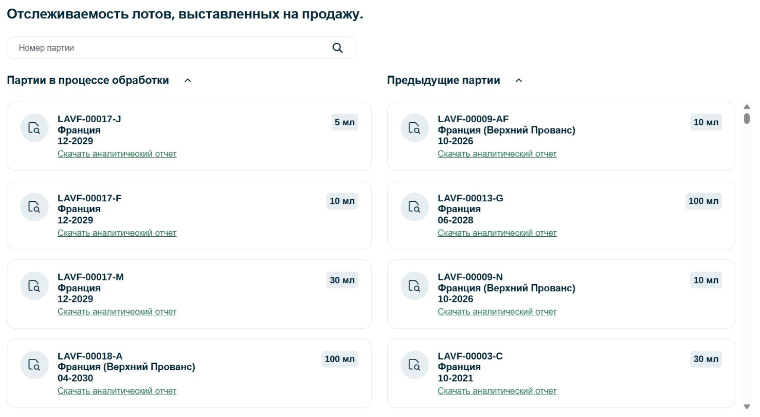Раздел прослеживаемости партий на сайте Compagnie des Sens: номер партии, страна происхождения, срок годности и ссылка на протокол анализа