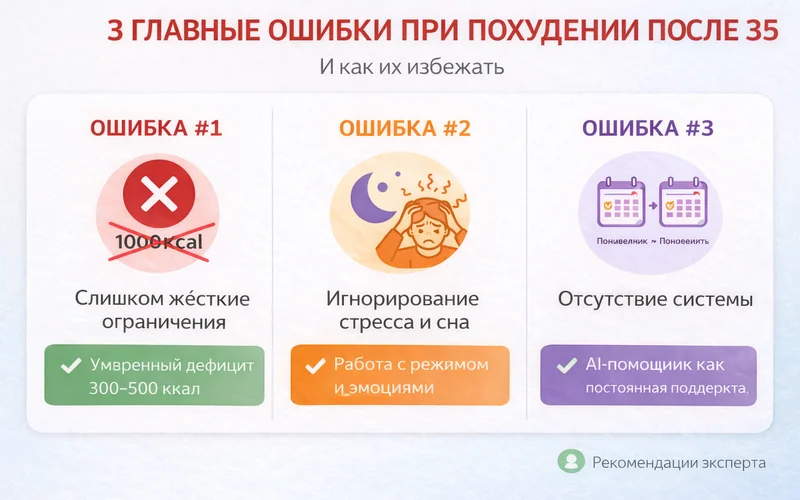 3 ошибки при похудении: жесткие ограничения, игнорирование сна, отсутствие системы