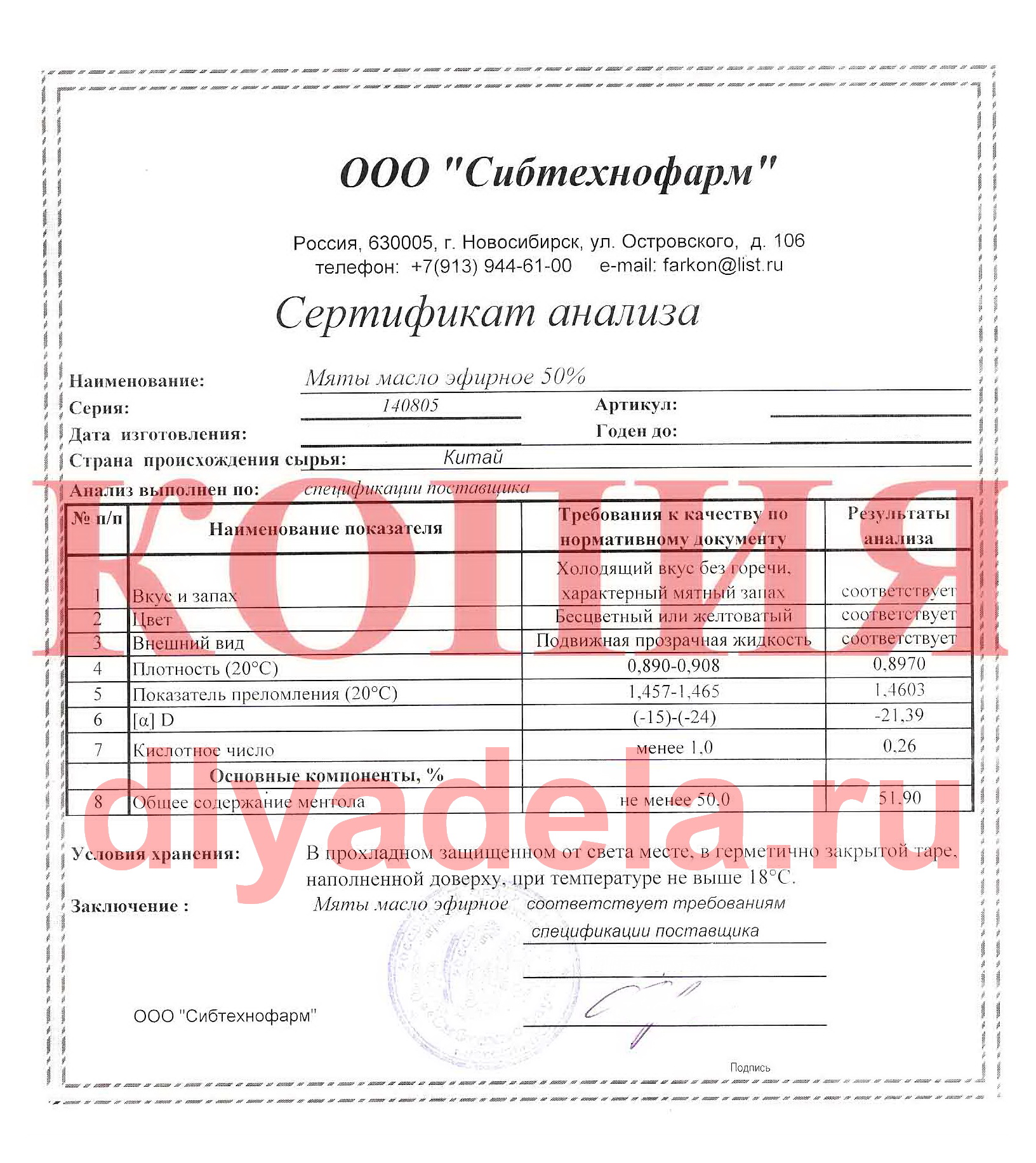 Сертификат анализа эфирного масла мяты