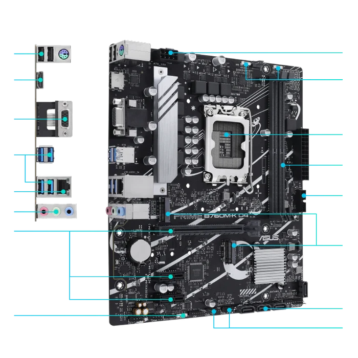Панель ввода-вывода и разъёмы платы ASUS PRIME B760M-K D4