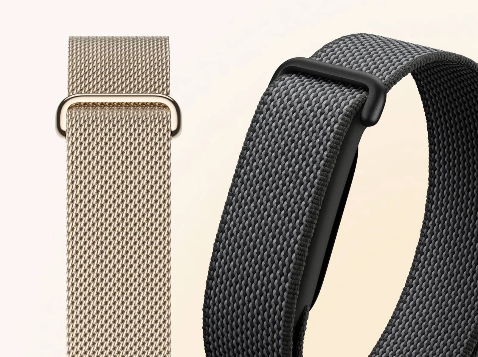Комплект Fitbit Air: Metal Mesh Champagne Gold и Performance Loop Obsidian — официальное фото Google Store