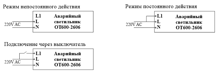 Схемы подключения светильников аварийного освещения высоких помещений и зон повышенной опасности Moncato OT600-2606 IP65