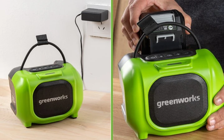Акустическая система работает от любого аккумуляторного блока Greenworks 24V