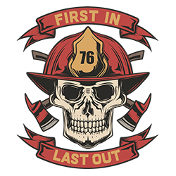 Принт пожарного с черепом First in Last out Принт пожарного с черепом First in Last out