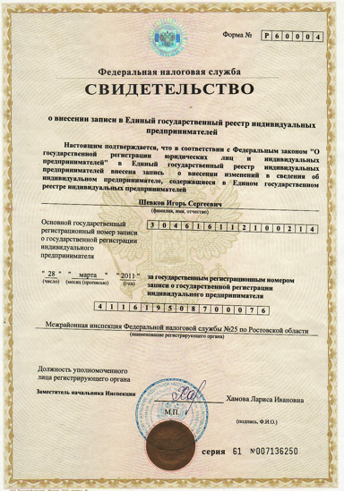 Свидетельство ОГРН ИП
