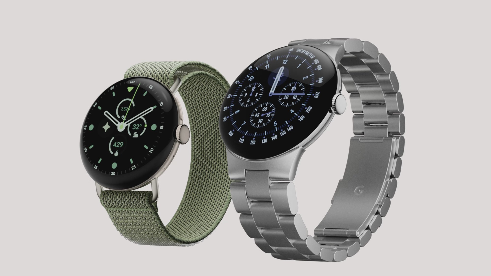 Два варианта ремешка Google Pixel Watch 5 Google Pixel Watch 5 с тканевым и металлическим ремешком