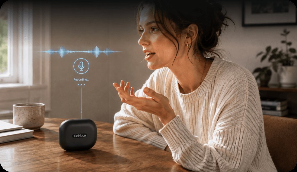 Кейс TicNote Pods Wi-Fi записывает встречу на столе Кейс TicNote Pods Wi-Fi записывает встречу на столе