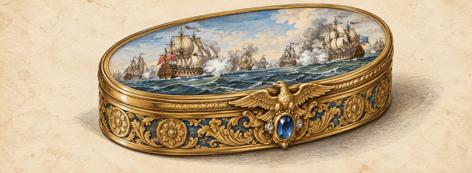 Овальная золотая табакерка с эмалевой миниатюрой морского сражения и орлом