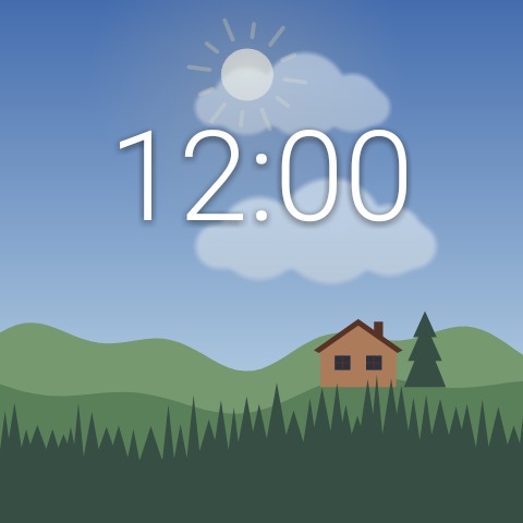 Заставка панели: слева сверху лето — солнце с лучами, облака, зелёные холмы; справа снизу зима — снег на холмах, крыше и ёлках, снеговик, идёт снег
