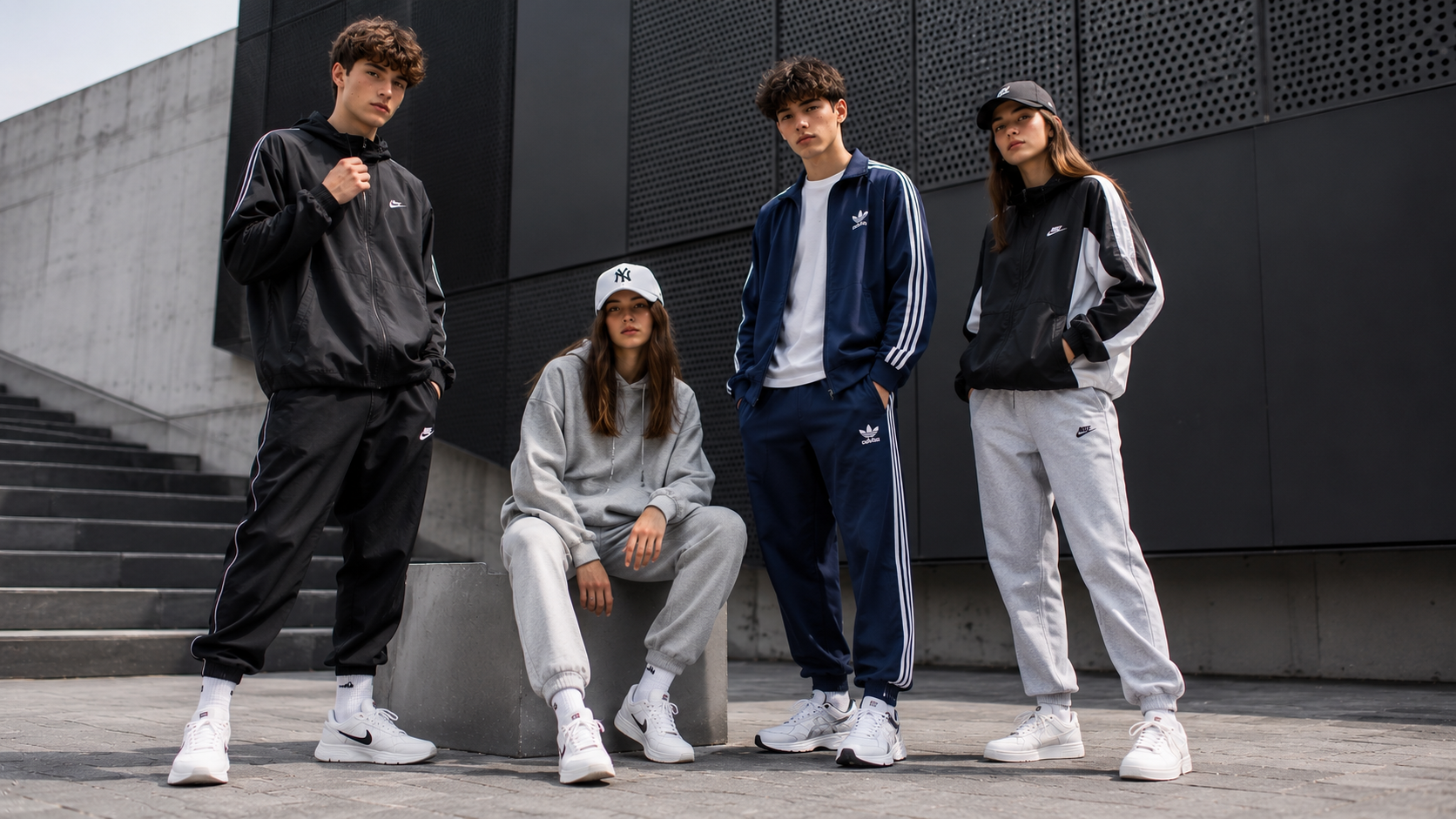sport-style-teens.png На изображении четыре человека в спортивной одежде. Трое стоят, один сидит. На фоне бетонная стена и ступени.