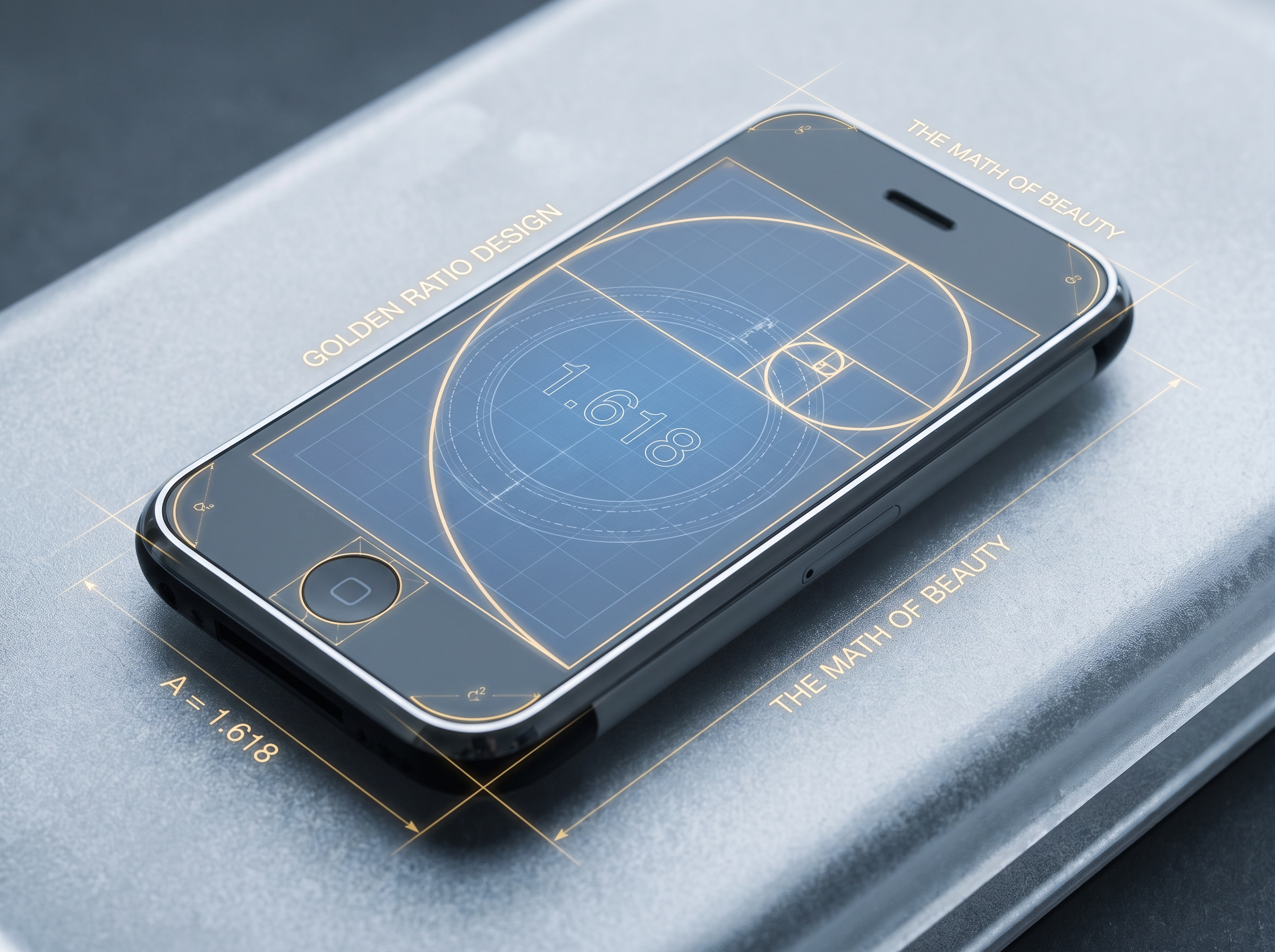 iPhone и Золотое сечение 1.618 — математика красоты в дизайне Apple, Golden Ratio Design iPhone с визуализацией Золотого сечения φ = 1.618 — надписи Golden Ratio Design и The Math of Beauty, спираль Фибоначчи и геометрическая сетка на экране, математические пропорции лежащие в основе дизайна Apple и сакральной геометрии Цветка Жизни