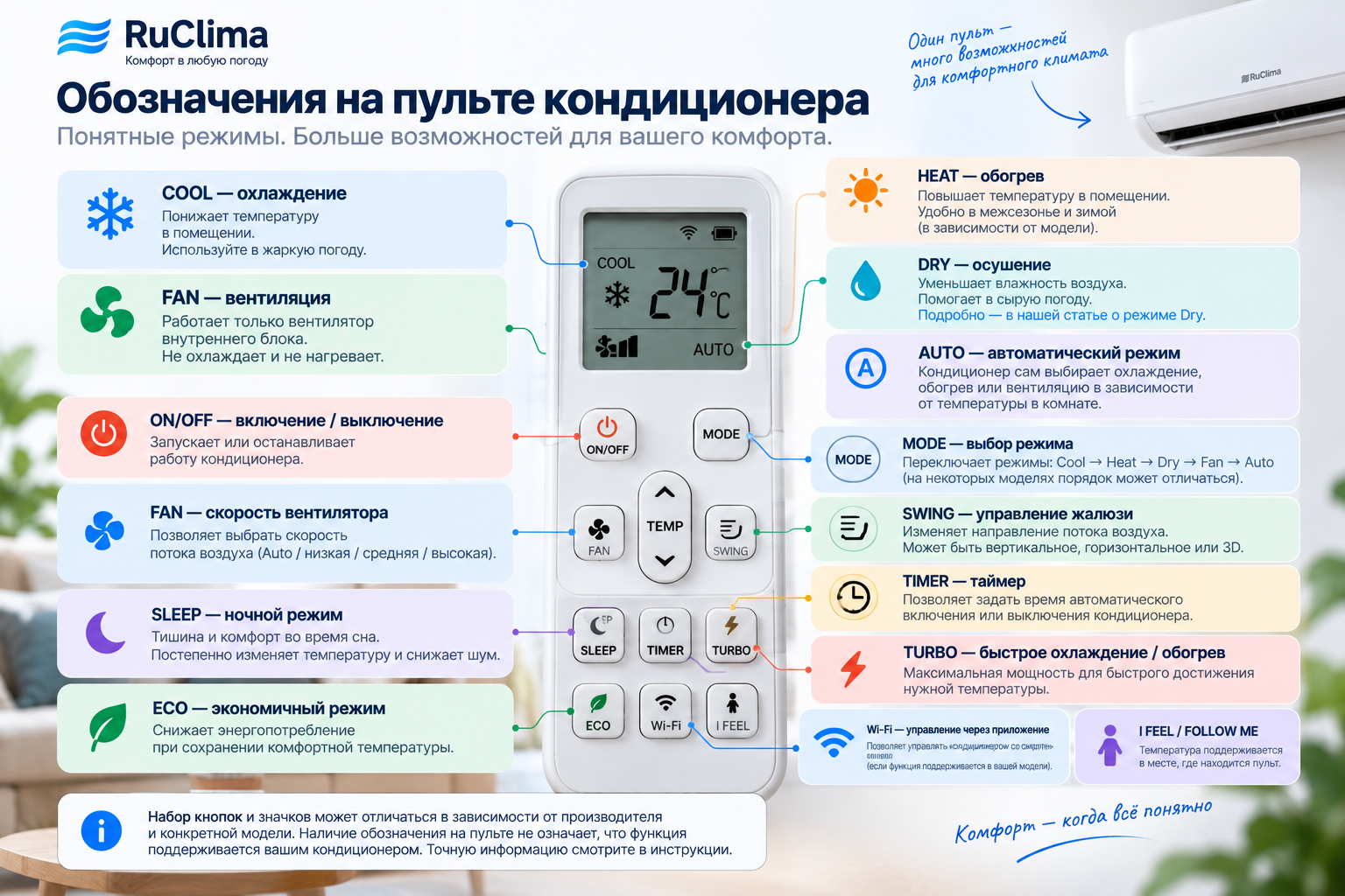 Обозначения кнопок, значков и режимов на пульте кондиционера