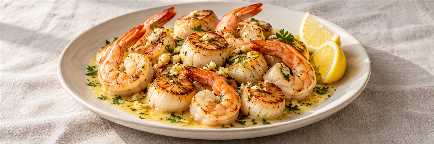 Креветки и морской гребешок с чесноком и лимоном