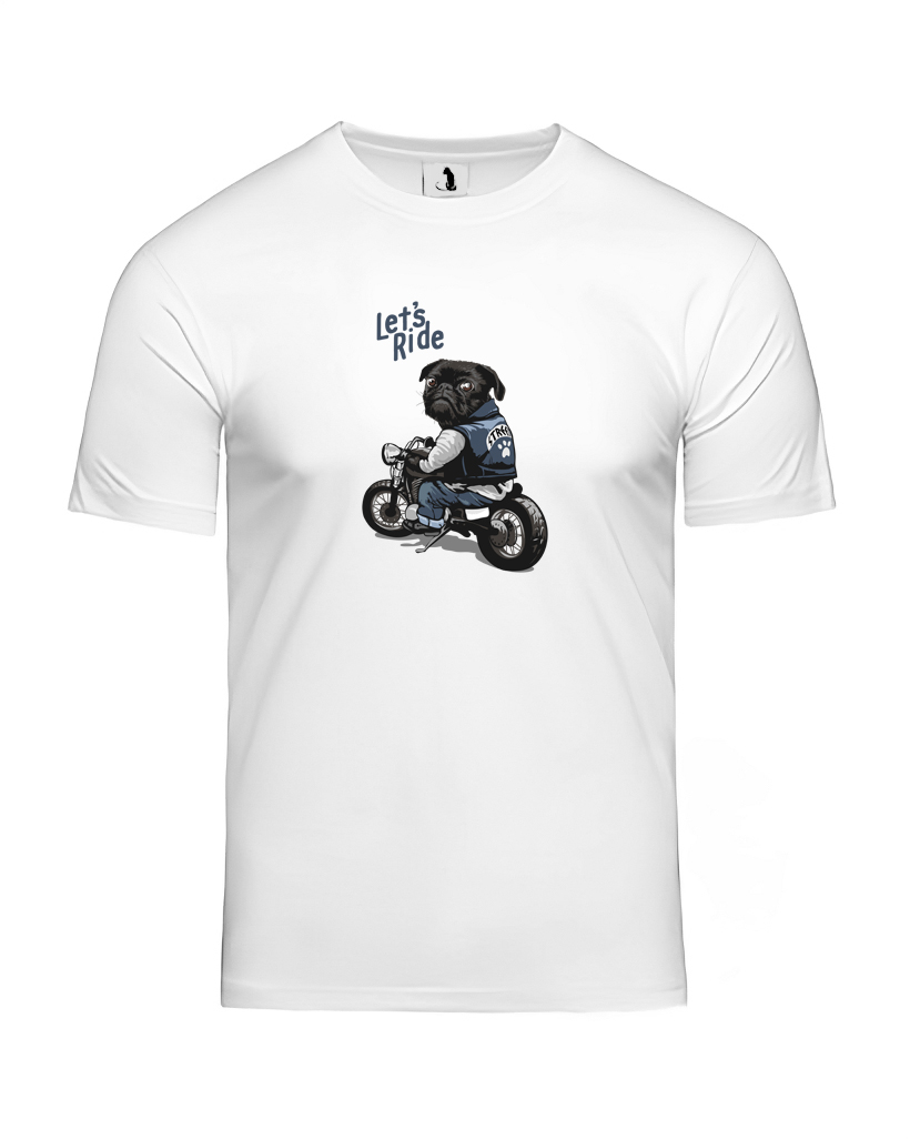 Образец футболки с мопсом Lets ride unisex классического прямого кроя Футболка с мопсом Lets ride unisex