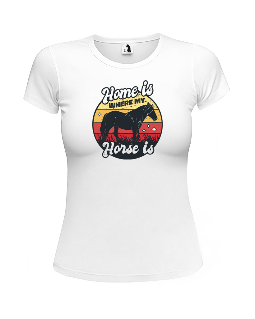 Образец женской футболки с лошадью Home is where my horse приталенного кроя Футболка женская с лошадью Home is where my horse
