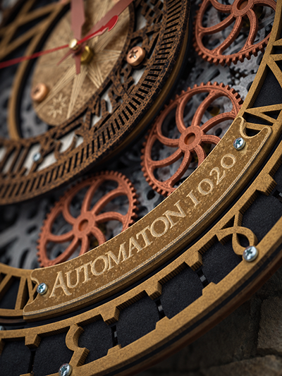 Деревянная плашка часов Automaton &laquo;Пражские куранты&raquo; в золотистой отделке с гравировкой
