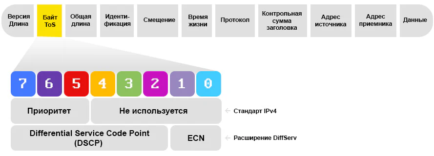 Структура пакета IP. Расположение байта ToS в заголовке IP.