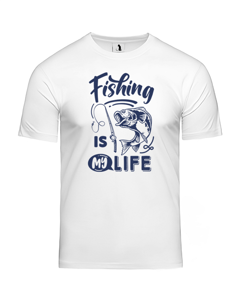 Образец футболки рыбака Fishing is my life unisex классического прямого кроя Футболка рыбака Fishing is my life unisex классического прямого кроя белая