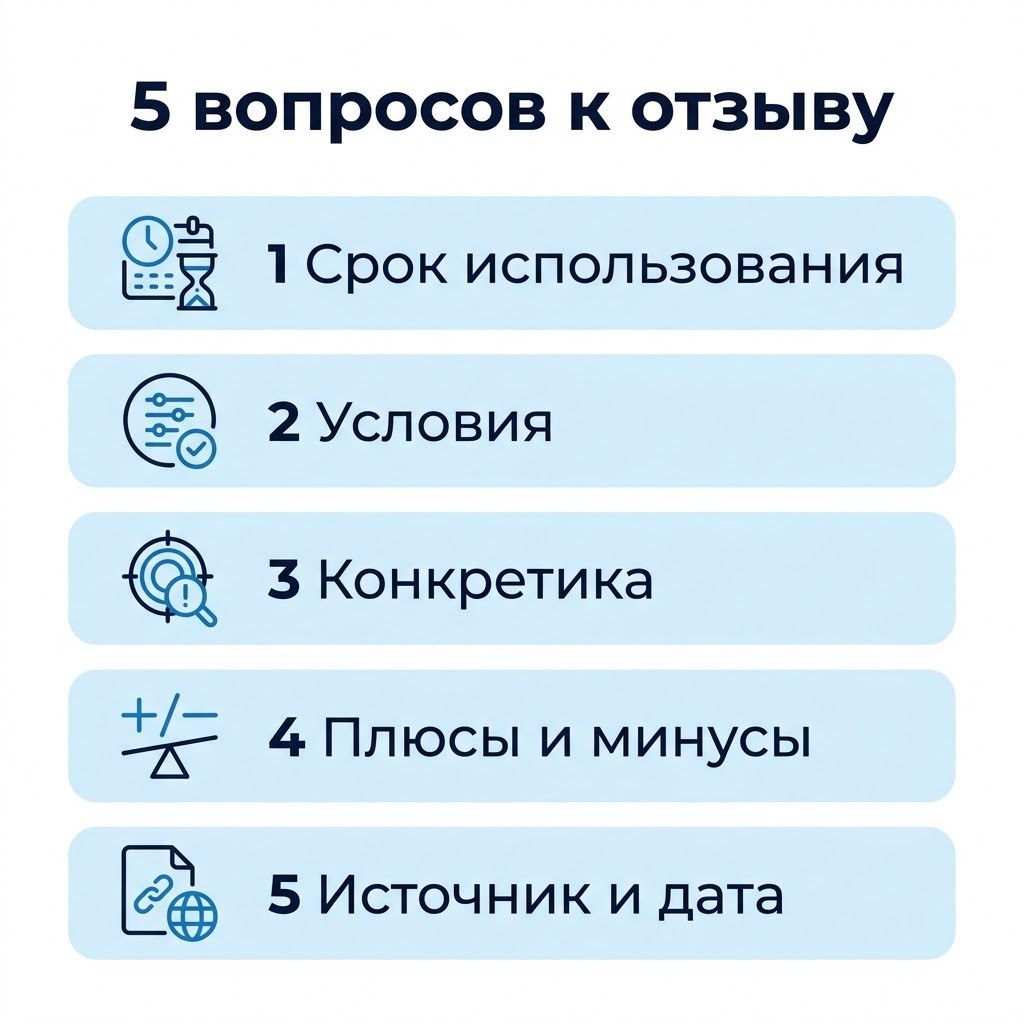 Инфографика «5 вопросов к любому отзыву о массажном кресле»: срок, условия, конкретика, плюсы и минусы, источник и дата