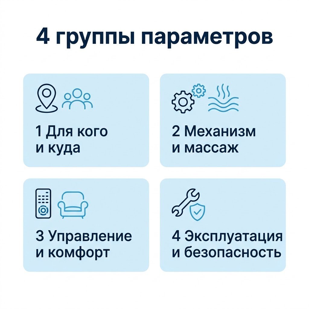 Инфографика «Четыре группы параметров массажного кресла»: для кого и куда, механизм и массаж, управление и комфорт, эксплуатация и безопасность