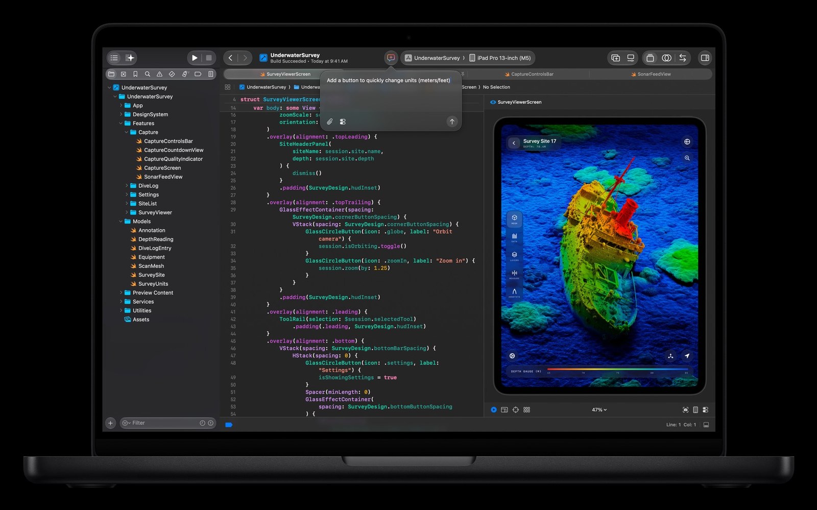 MacBook Pro 14 на M6 со средой разработки Xcode на экране MacBook Pro 14 на M6 со средой разработки Xcode на экране