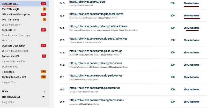 Анализ titles в Sitecheker