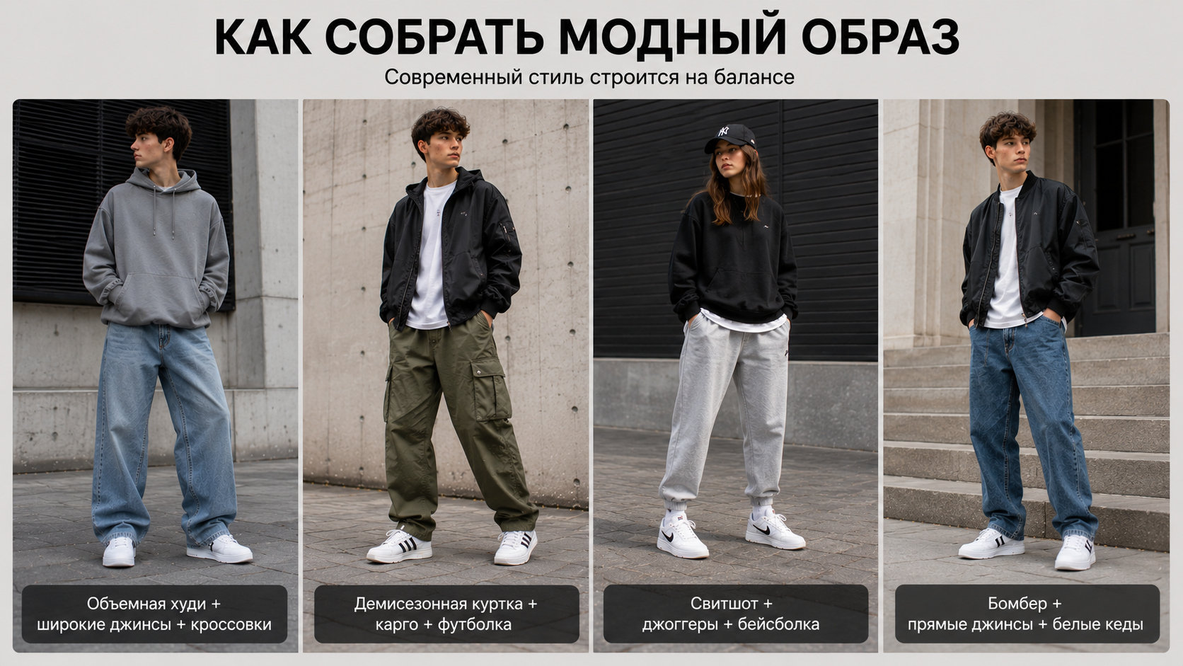 how-to-style-teen-outfit.png На изображении четыре человека в современной одежде: объёмная худи с широкими джинсами, демисезонная куртка с карго и футболкой, свитшот с джоггерами и бейсболкой, бомбер с прямыми джинсами.