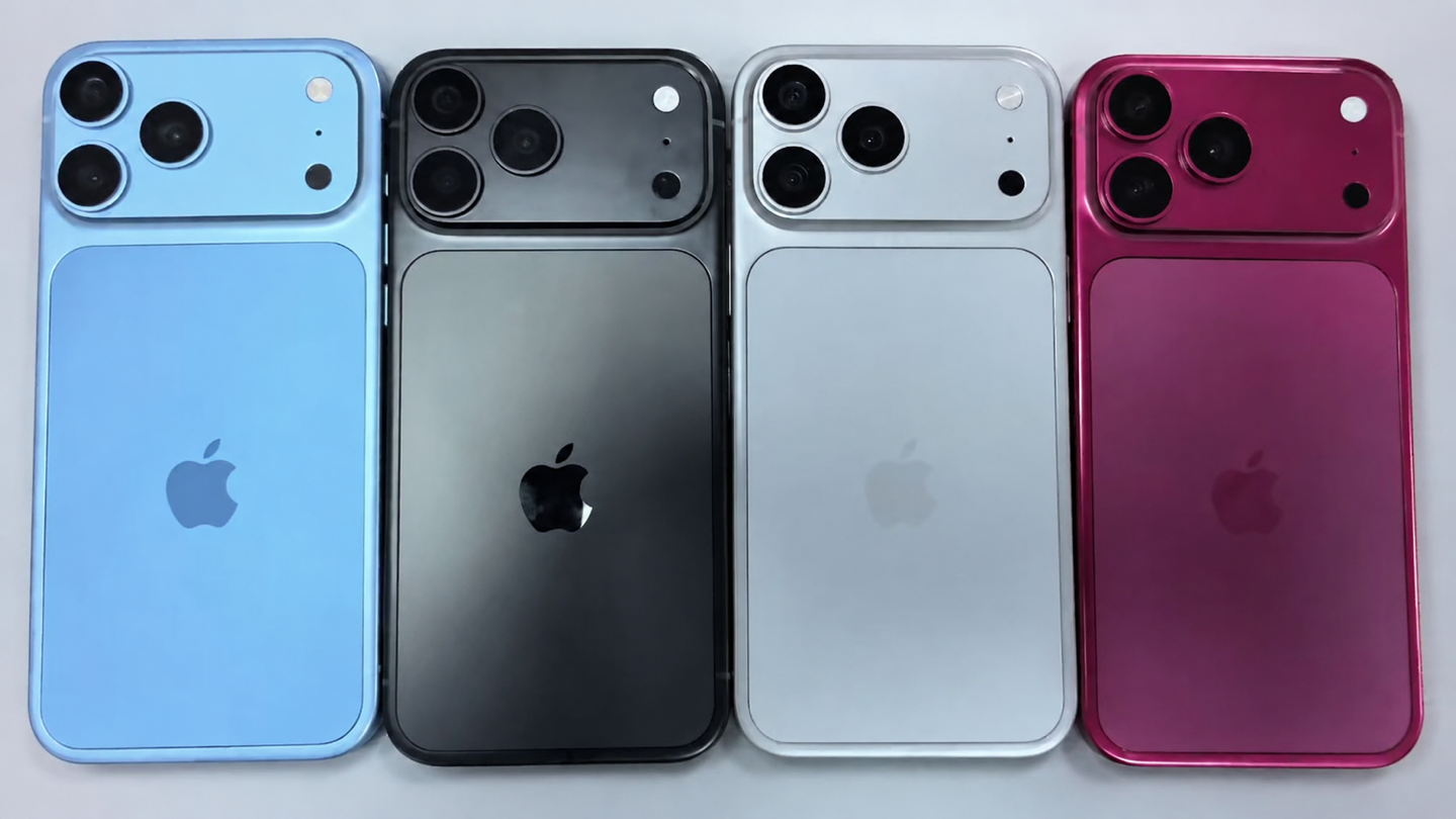Физические макеты iPhone 18 Pro Max в голубом, черном, серебристом и вишневом цветах