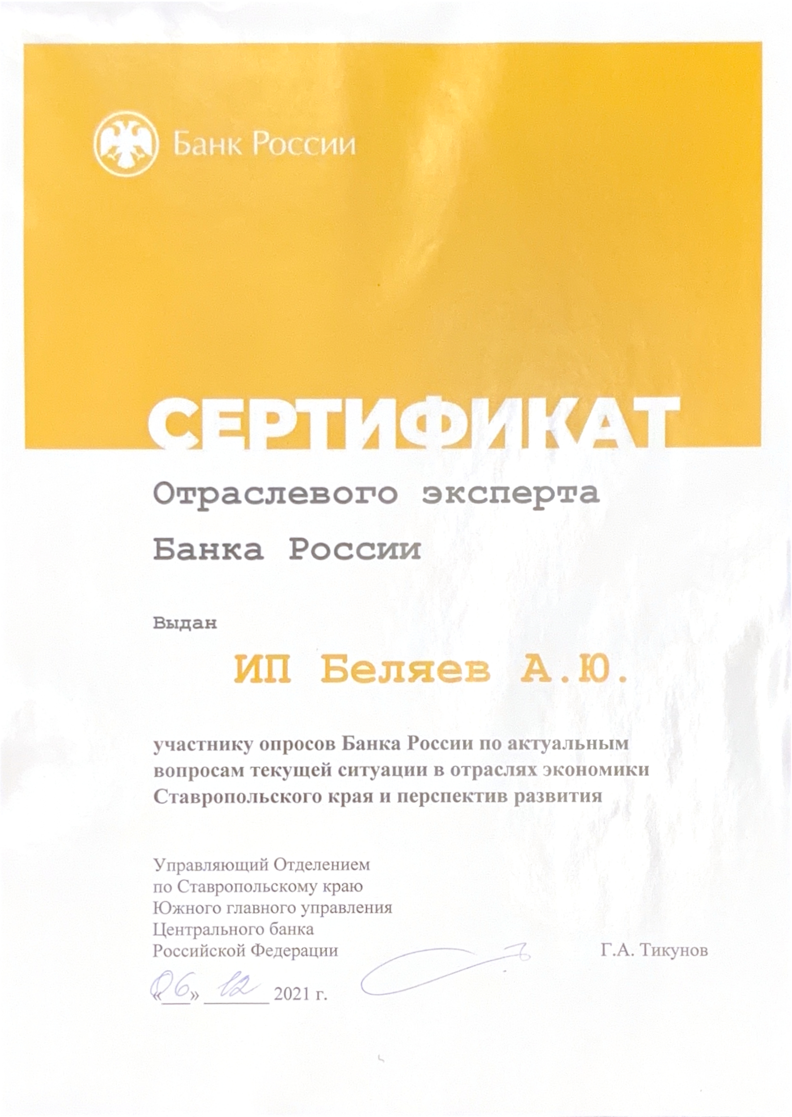 Сертификат отраслевого эксперта