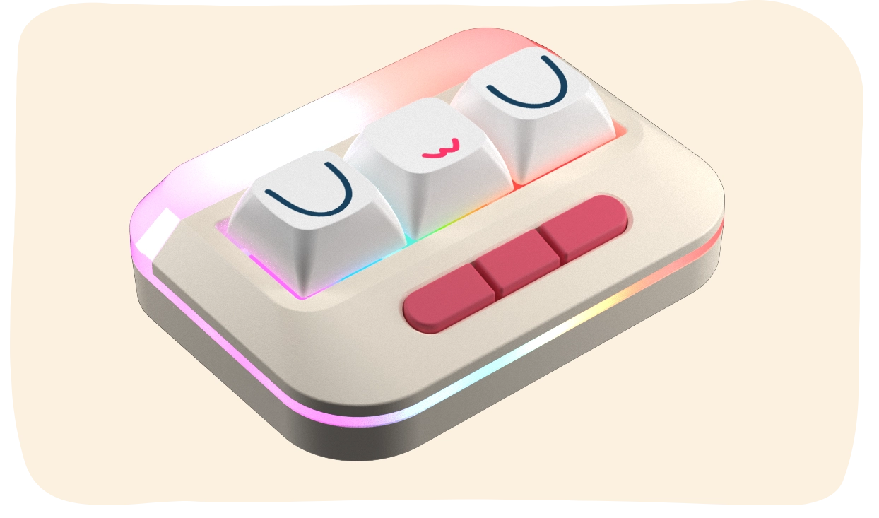 Wooting UwU RGB: три большие игровые клавиши с изображением лица и три розовые служебные кнопки