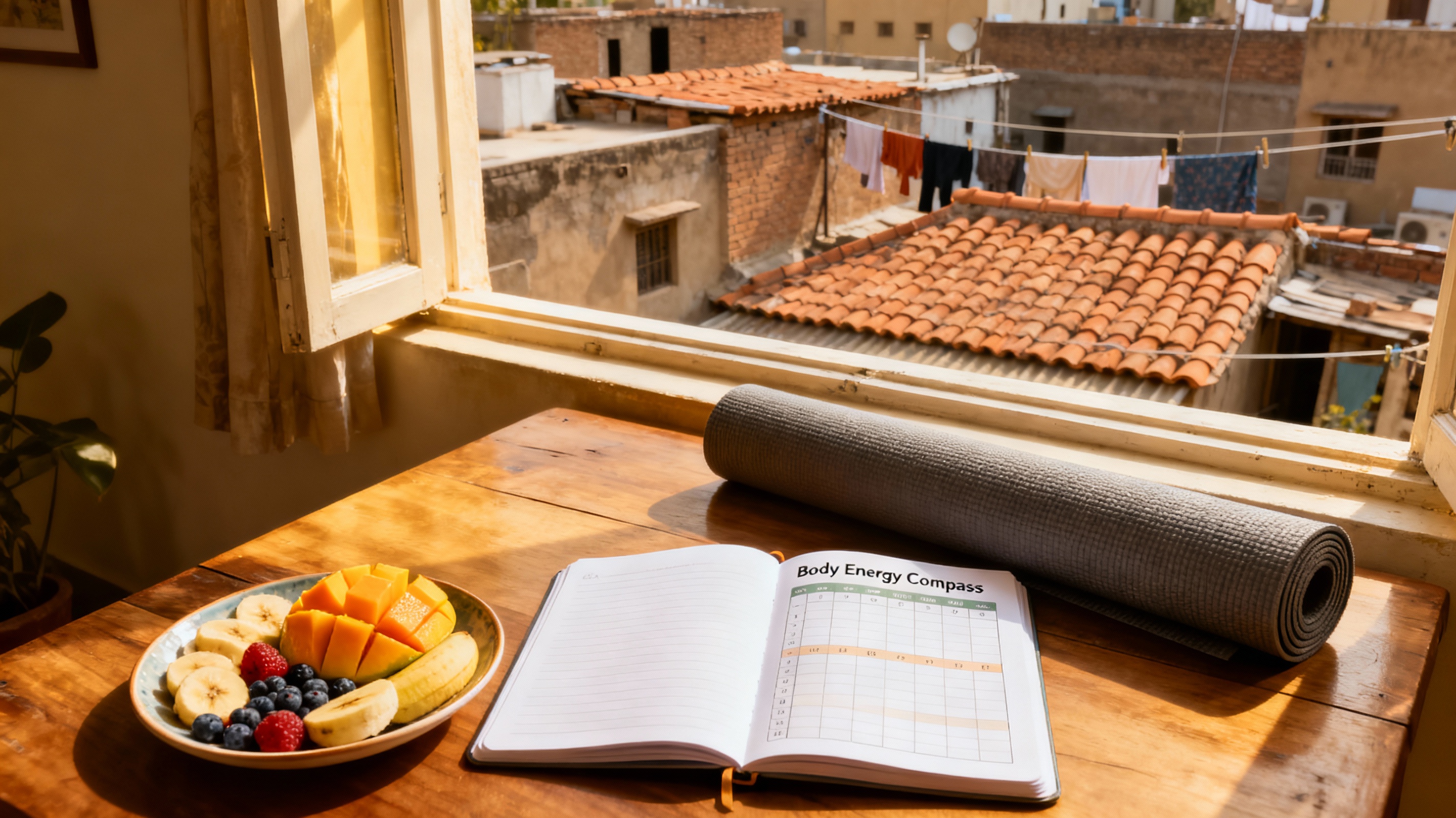 <img src="body-compass-habits.jpg" alt="Body Energy Compass notebook habit tracking Karachi breakfast">